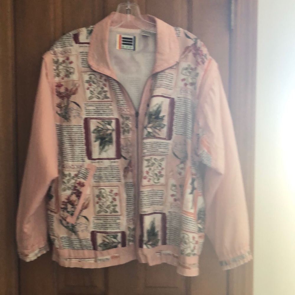 Pink floral print silk jacket with removable sleeves, S, vintage